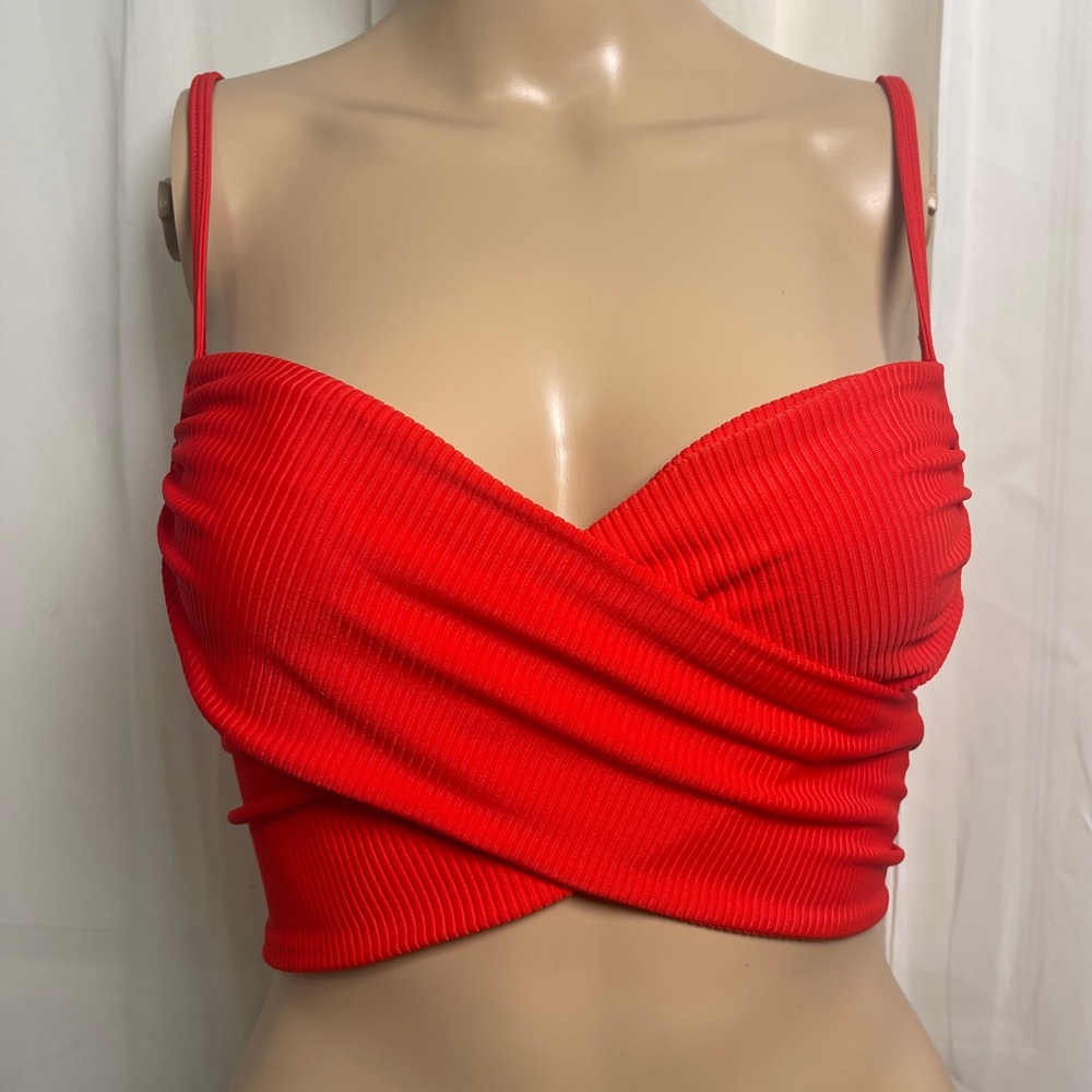 New LPA Vibrant Red Ribbed Bikini Top